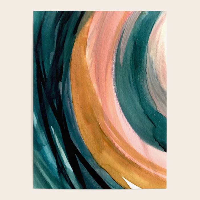 Breathe: a vibrant bold abstract piece in greens, ochre, and pink Poster Gallery Image 4