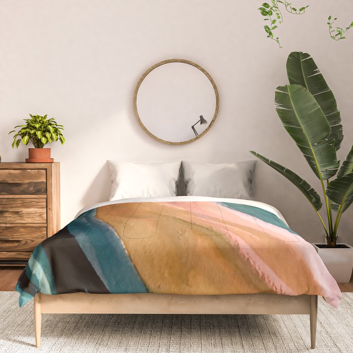 Breathe: a vibrant bold abstract piece in greens, ochre, and pink Comforter Gallery Image 3