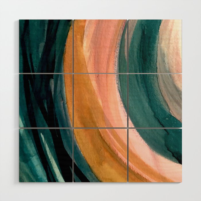 Breathe: a vibrant bold abstract piece in greens, ochre, and pink Wood Wall Art Gallery Image 1