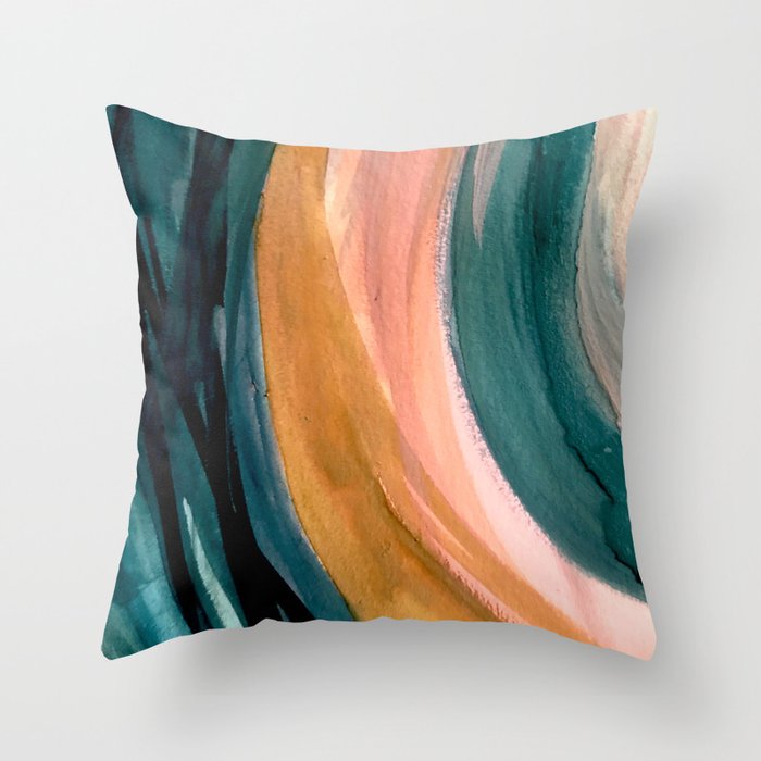 Breathe: a vibrant bold abstract piece in greens, ochre, and pink Throw Pillow Gallery Image 1
