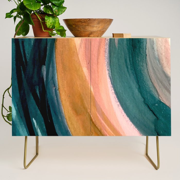 Breathe: a vibrant bold abstract piece in greens, ochre, and pink Credenza Gallery Image 1