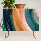 Breathe: a vibrant bold abstract piece in greens, ochre, and pink Credenza Gallery Image 1