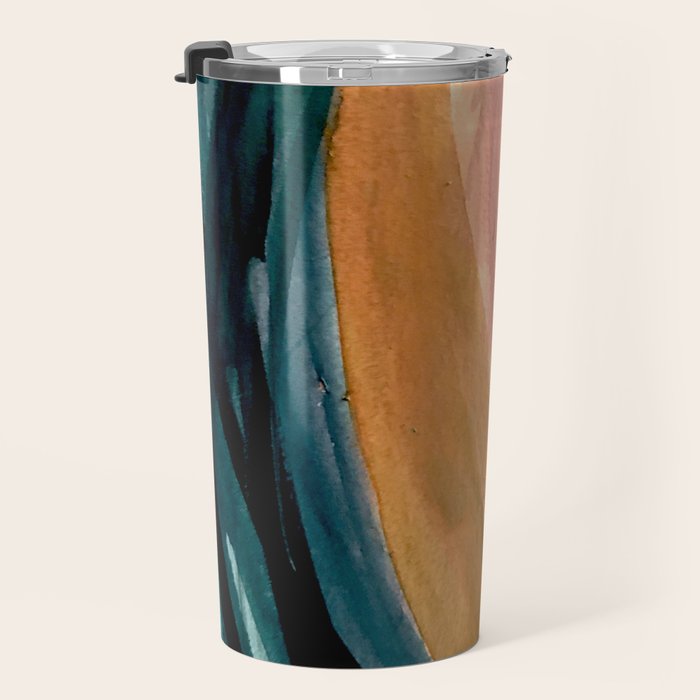 Breathe: a vibrant bold abstract piece in greens, ochre, and pink Travel Mug Gallery Image 3