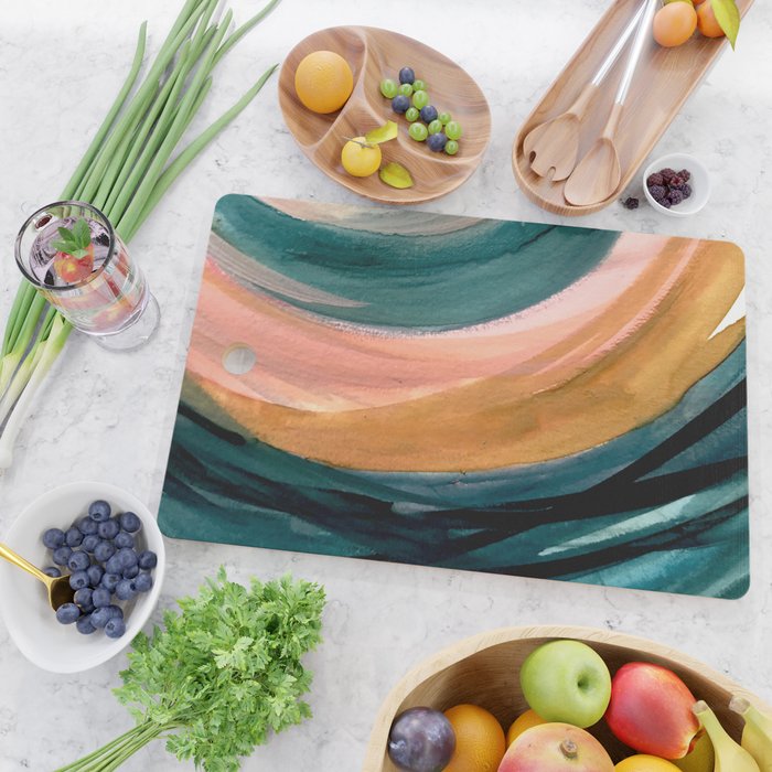 Breathe: a vibrant bold abstract piece in greens, ochre, and pink Cutting Board Gallery Image 2