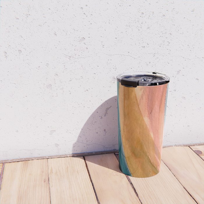 Breathe: a vibrant bold abstract piece in greens, ochre, and pink Travel Mug Gallery Image 4