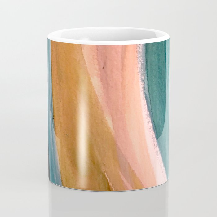 Breathe: a vibrant bold abstract piece in greens, ochre, and pink Coffee Mug Gallery Image 4