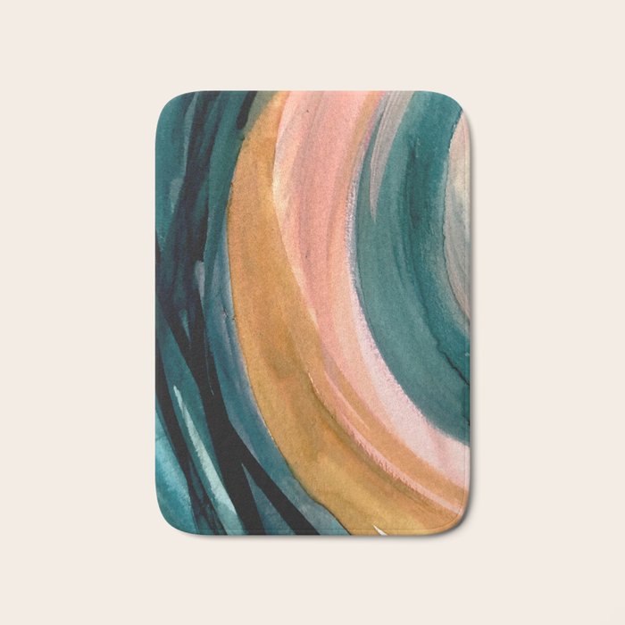 Breathe: a vibrant bold abstract piece in greens, ochre, and pink Bath Mat Gallery Image 1