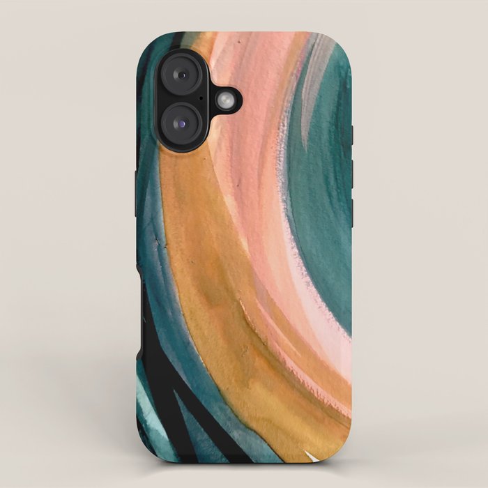 Breathe: a vibrant bold abstract piece in greens, ochre, and pink iPhone Case Gallery Image 1
