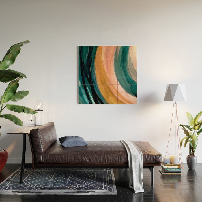Breathe: a vibrant bold abstract piece in greens, ochre, and pink Wood Wall Art Gallery Image 2