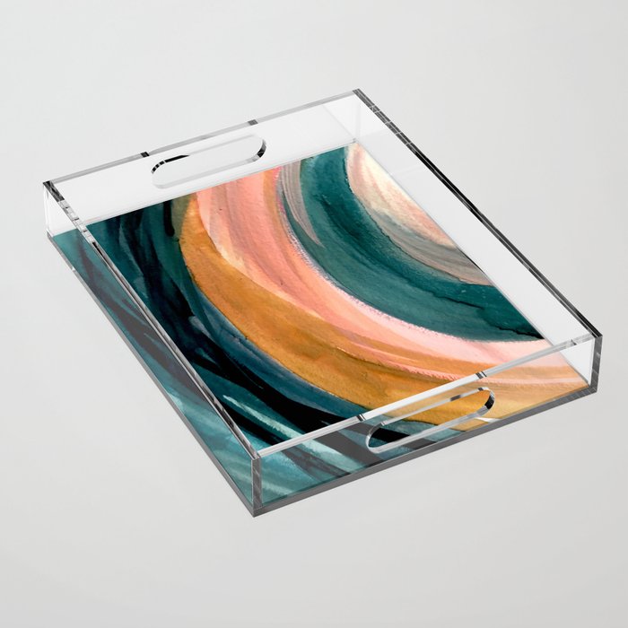 Breathe: a vibrant bold abstract piece in greens, ochre, and pink Acrylic Tray Gallery Image 1