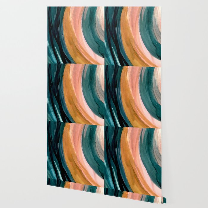 Breathe: a vibrant bold abstract piece in greens, ochre, and pink Wallpaper Gallery Image 2