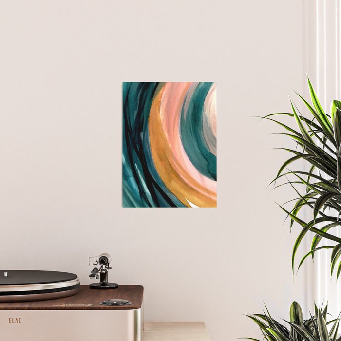 Breathe: a vibrant bold abstract piece in greens, ochre, and pink Poster Gallery Image 2