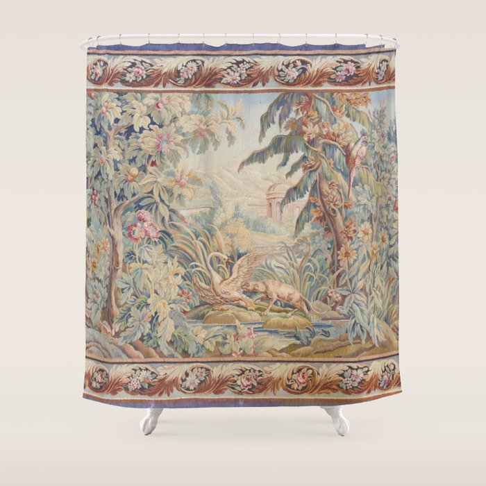 Antique 19th Century French Aubusson Landscape Tapestry with Swan Shower Curtain Gallery Image 1