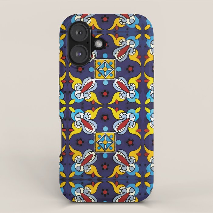 Abstract blue cruz mexican modern talavera tile wall iPhone Case Gallery Image 1