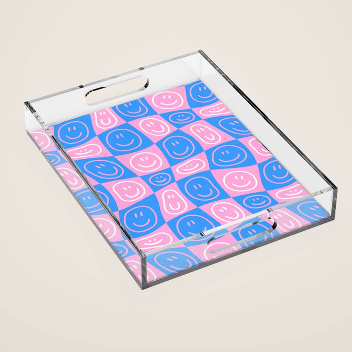Retro happy face checkered pattern Acrylic Tray Gallery Image 1