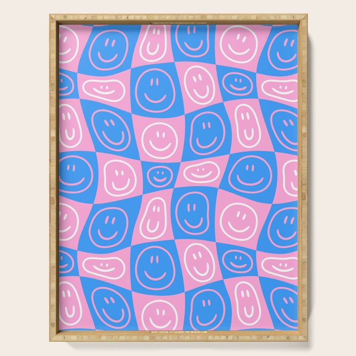 Retro happy face checkered pattern Serving Tray Gallery Image 1