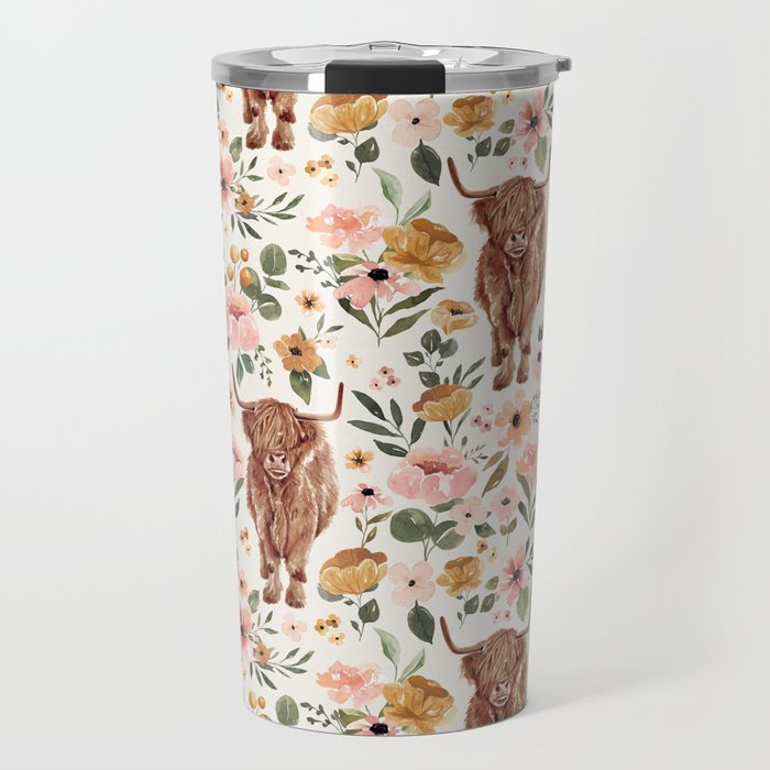 Cate & Rainn® Charlotte Floral Highland Cow Travel Mug Gallery Image 1