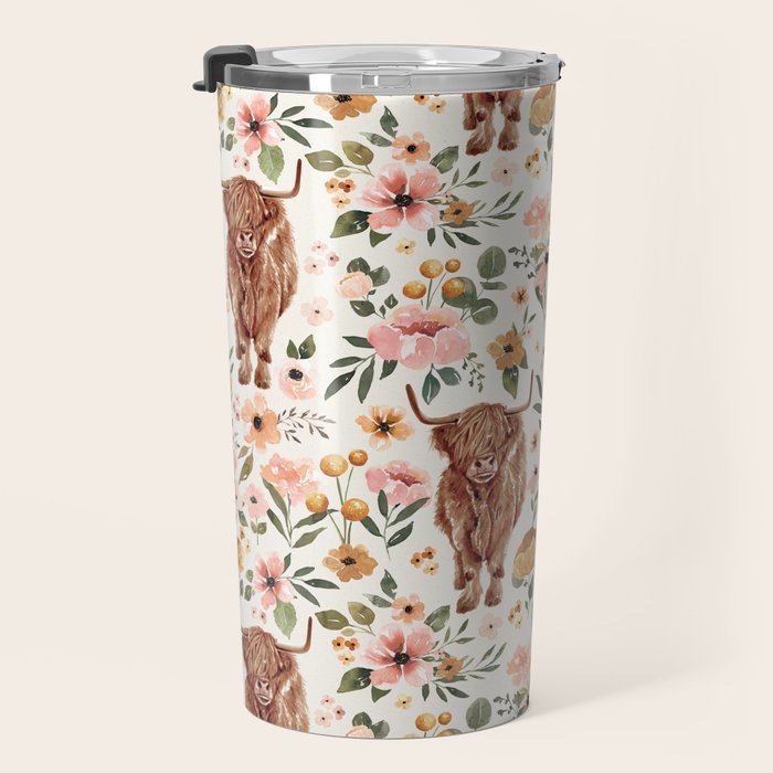 Cate & Rainn® Charlotte Floral Highland Cow Travel Mug Gallery Image 3