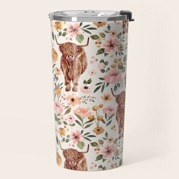 Cate & Rainn® Charlotte Floral Highland Cow Travel Mug Gallery Image 2