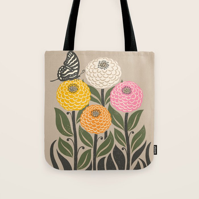 Bloom Wildly - Colorful Zinnia Flowers and Butterfly Tote Bag Gallery Image 1