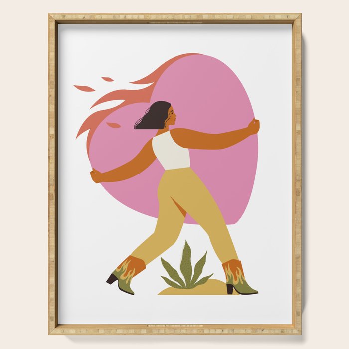 Woman carrying a big heart Serving Tray Gallery Image 1