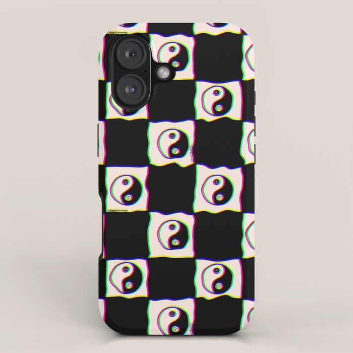 Happy Yin Yang Checkered Print iPhone Case Gallery Image 1