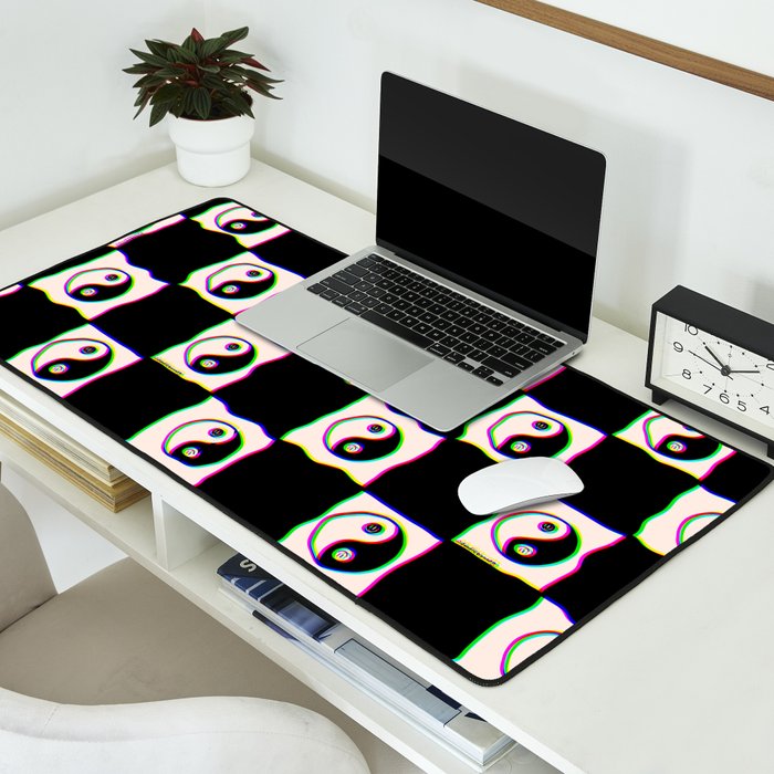 Happy Yin Yang Checkered Print Desk Mat Gallery Image 2
