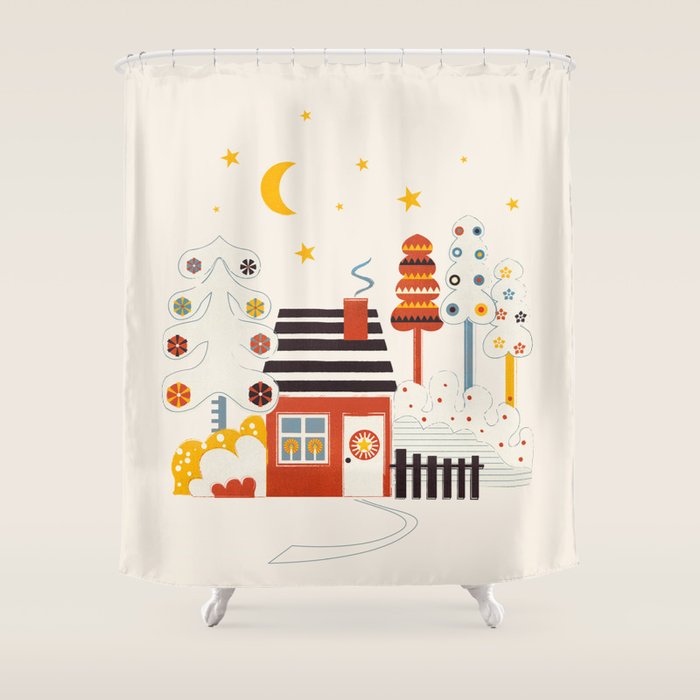 Christmas Winter Hut Illustration Shower Curtain Gallery Image 1