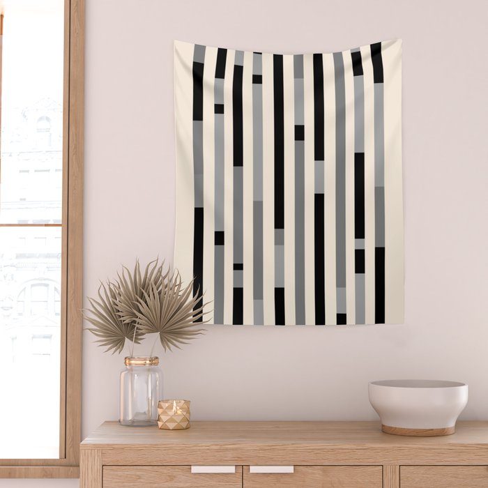 Mid Century Modern Modular Stripes in Black, Gray, and Almond Cream Wall Tapestry Gallery Image 2