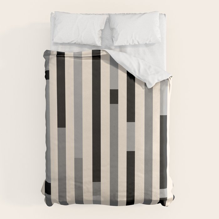 Mid Century Modern Modular Stripes in Black, Gray, and Almond Cream Duvet Cover Gallery Image 6