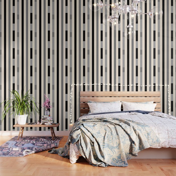 Mid Century Modern Modular Stripes in Black, Gray, and Almond Cream Wallpaper Gallery Image 1