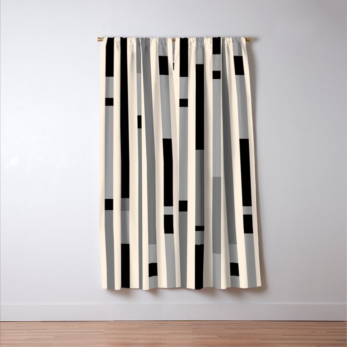 Mid Century Modern Modular Stripes in Black, Gray, and Almond Cream Window Curtain Gallery Image 3