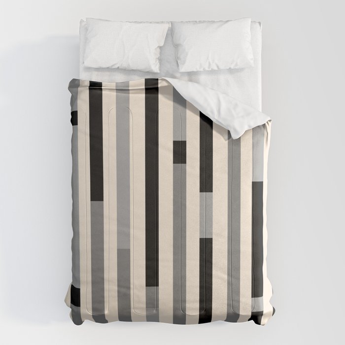 Mid Century Modern Modular Stripes in Black, Gray, and Almond Cream Comforter Gallery Image 1