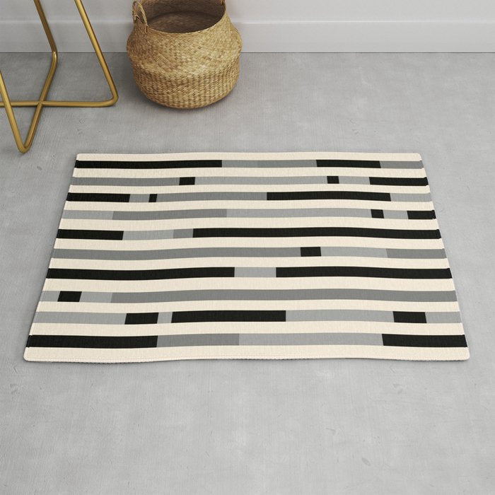 Mid Century Modern Modular Stripes in Black, Gray, and Almond Cream Rug Gallery Image 1