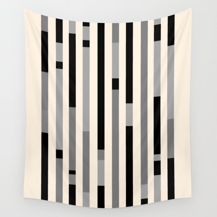 Mid Century Modern Modular Stripes in Black, Gray, and Almond Cream Wall Tapestry Gallery Image 1