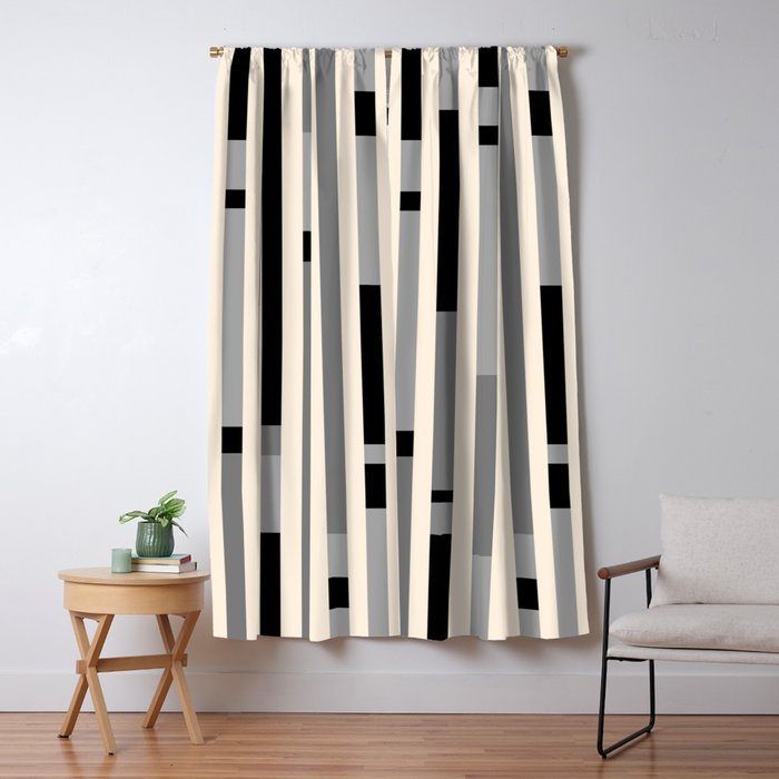 Mid Century Modern Modular Stripes in Black, Gray, and Almond Cream Window Curtain Gallery Image 5