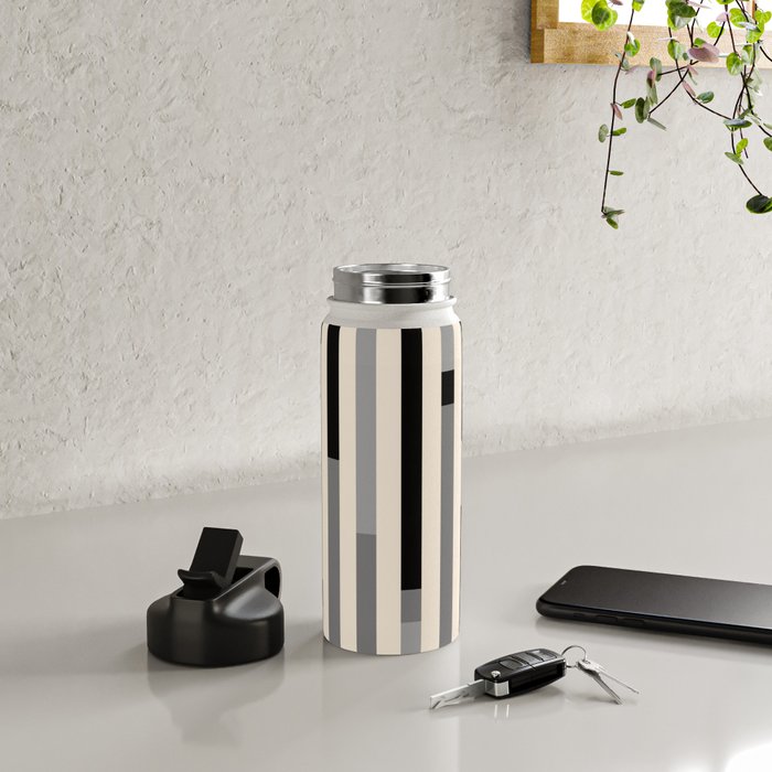 Mid Century Modern Modular Stripes in Black, Gray, and Almond Cream Water Bottle Gallery Image 4
