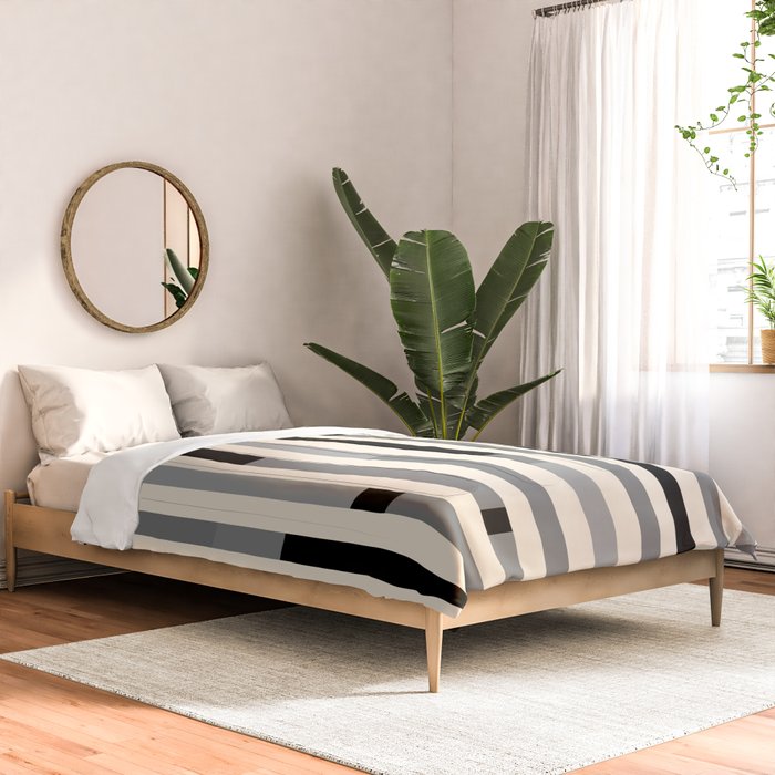 Mid Century Modern Modular Stripes in Black, Gray, and Almond Cream Comforter Gallery Image 2