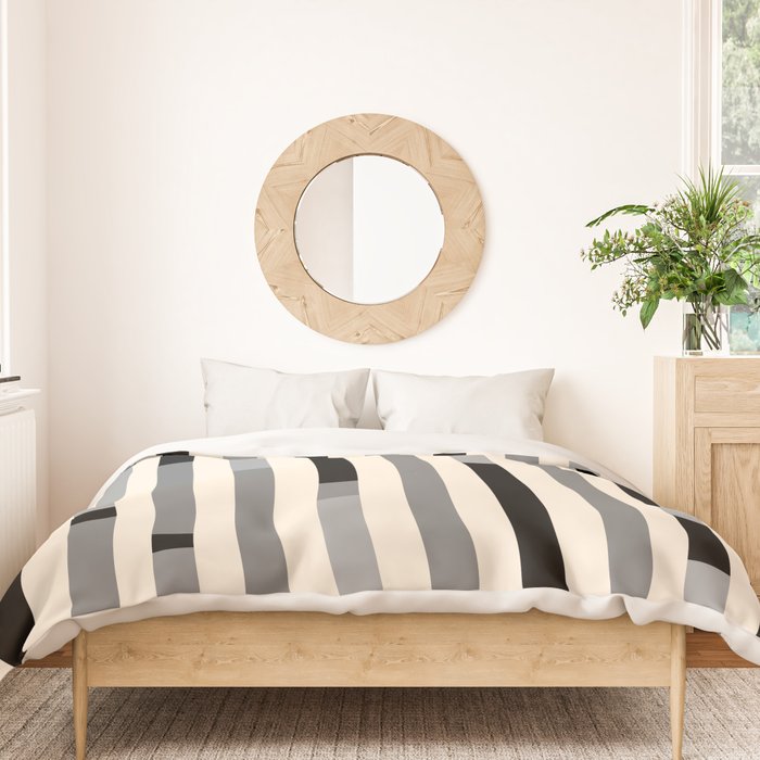 Mid Century Modern Modular Stripes in Black, Gray, and Almond Cream Duvet Cover Gallery Image 3