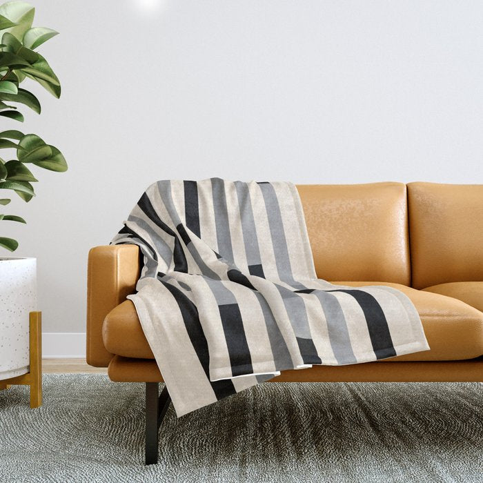 Mid Century Modern Modular Stripes in Black, Gray, and Almond Cream Throw Blanket Gallery Image 1