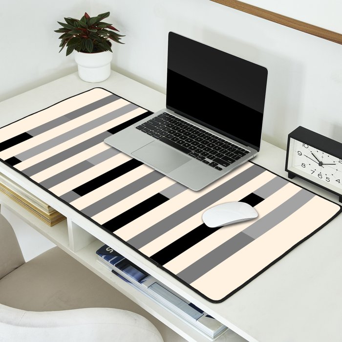 Mid Century Modern Modular Stripes in Black, Gray, and Almond Cream Desk Mat Gallery Image 2