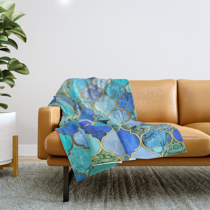 Cobalt Blue, Aqua & Gold Decorative Moroccan Tile Pattern Throw Blanket Gallery Image 1