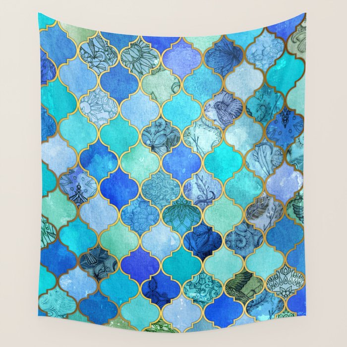 Cobalt Blue, Aqua & Gold Decorative Moroccan Tile Pattern Wall Tapestry Gallery Image 4