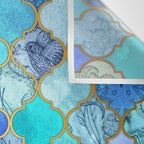 Cobalt Blue, Aqua & Gold Decorative Moroccan Tile Pattern Wall Tapestry Gallery Image 3