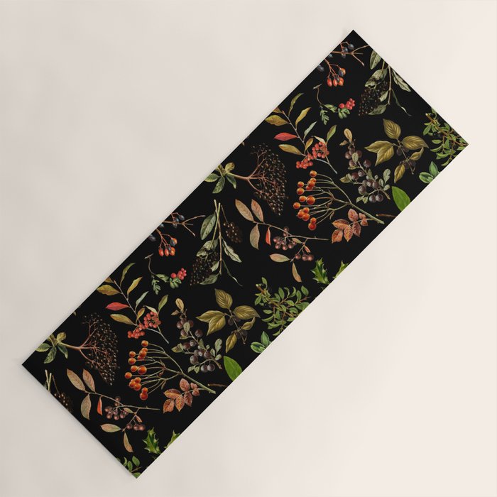 Vintage & Shabby Chic - vintage botanical wildflowers and berries on black Yoga Mat Gallery Image 1
