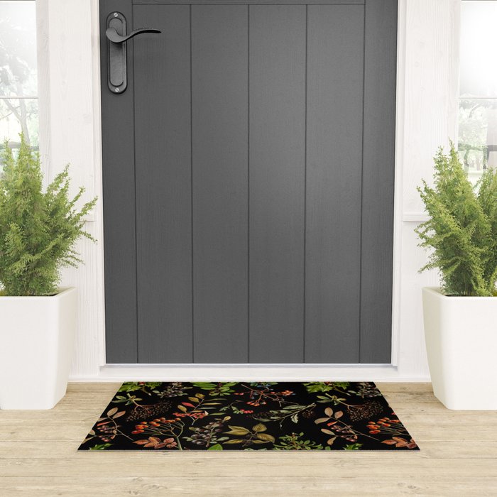 Vintage & Shabby Chic - vintage botanical wildflowers and berries on black Welcome Mat Gallery Image 3