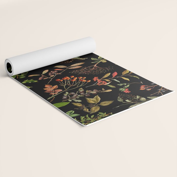 Vintage & Shabby Chic - vintage botanical wildflowers and berries on black Yoga Mat Gallery Image 2