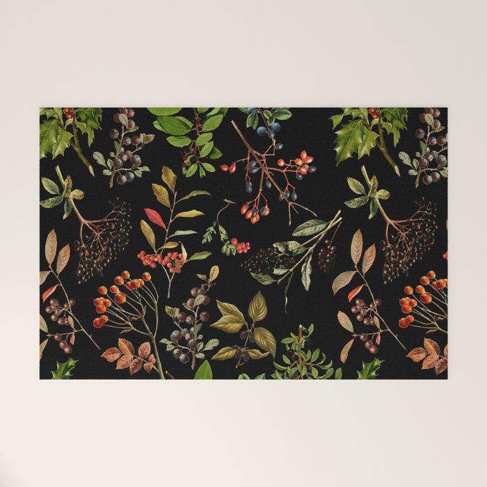 Vintage & Shabby Chic - vintage botanical wildflowers and berries on black Welcome Mat Gallery Image 1