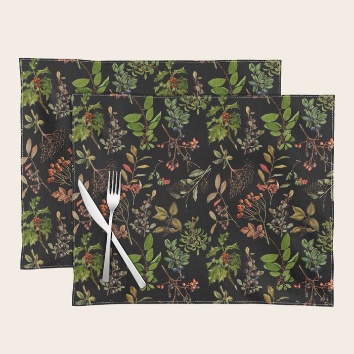 Vintage & Shabby Chic - vintage botanical wildflowers and berries on black Placemat Gallery Image 1