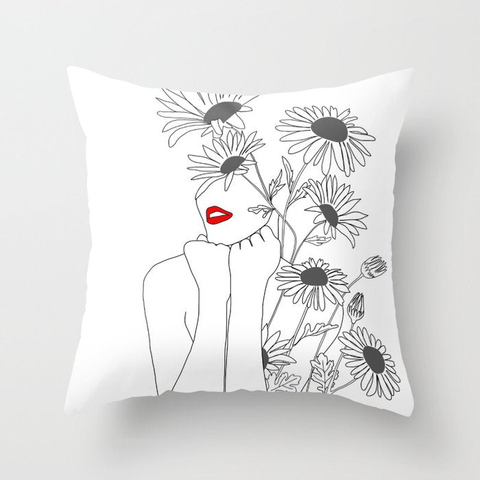 Minimal Line Art Girl with Sunflowers Throw Pillow Gallery Image 6